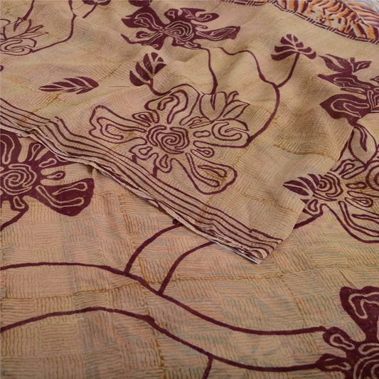 Sanskriti Vintage 100% Pure Georgette Brown/Orange Saree Floral Print Sari 5Yd Craft Fabric Bohemian Fabric For Dressmaking,Craft Supplie