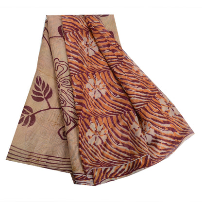 Sanskriti Vintage 100% Pure Georgette Brown/Orange Saree Floral Print Sari 5Yd Craft Fabric Bohemian Fabric For Dressmaking,Craft Supplie
