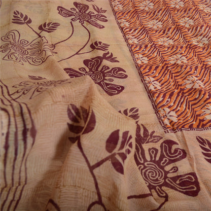 Sanskriti Vintage 100% Pure Georgette Brown/Orange Saree Floral Print Sari 5Yd Craft Fabric Bohemian Fabric For Dressmaking,Craft Supplie