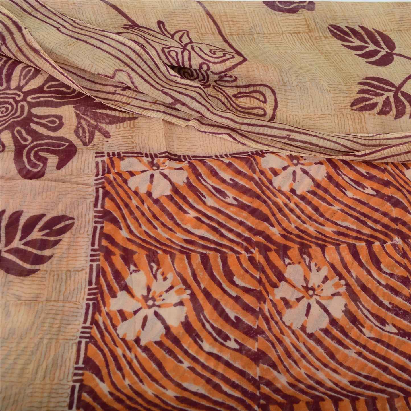 Sanskriti Vintage 100% Pure Georgette Brown/Orange Saree Floral Print Sari 5Yd Craft Fabric Bohemian Fabric For Dressmaking,Craft Supplie