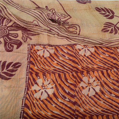 Sanskriti Vintage 100% Pure Georgette Brown/Orange Saree Floral Print Sari 5Yd Craft Fabric Bohemian Fabric For Dressmaking,Craft Supplie
