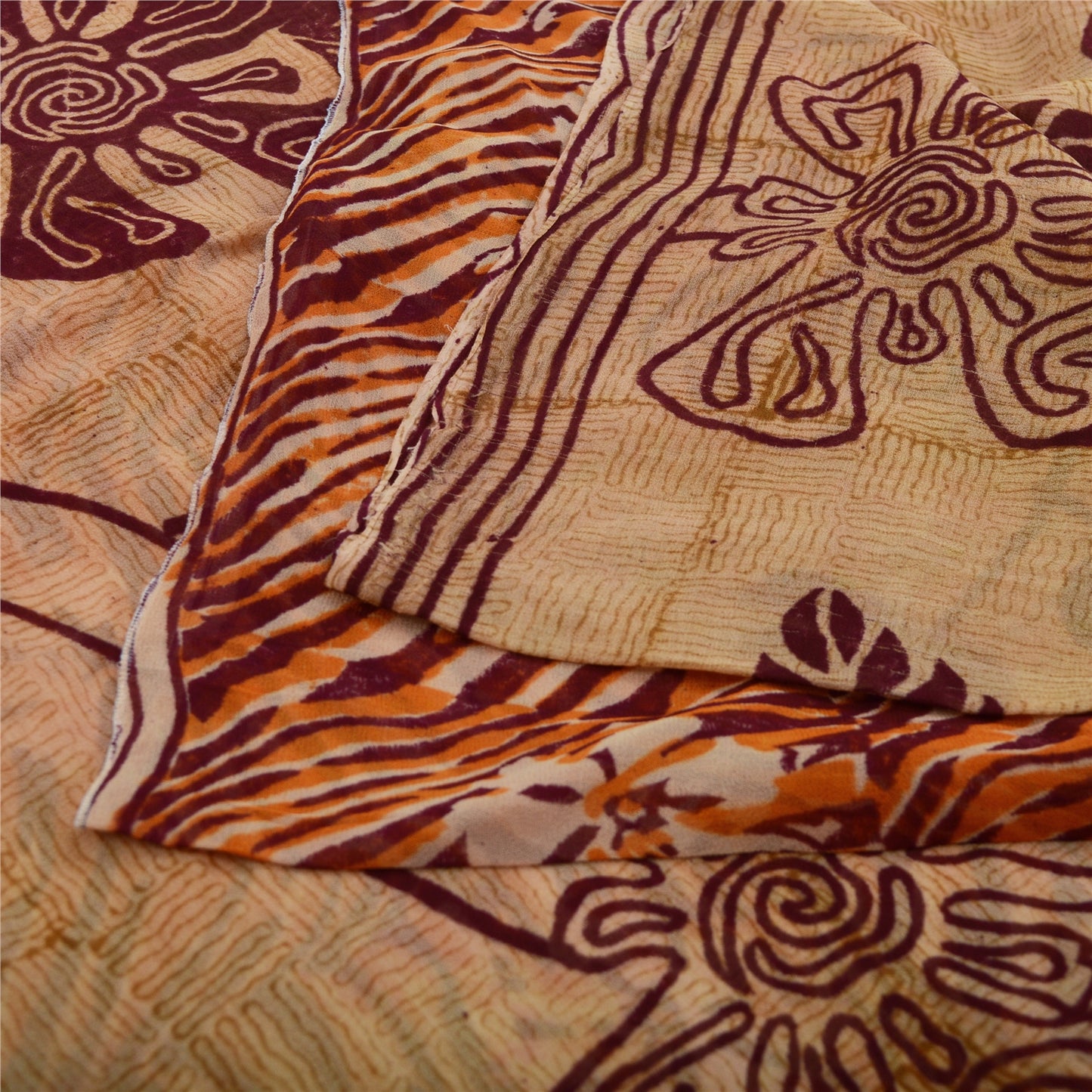 Sanskriti Vintage 100% Pure Georgette Brown/Orange Saree Floral Print Sari 5Yd Craft Fabric Bohemian Fabric For Dressmaking,Craft Supplie