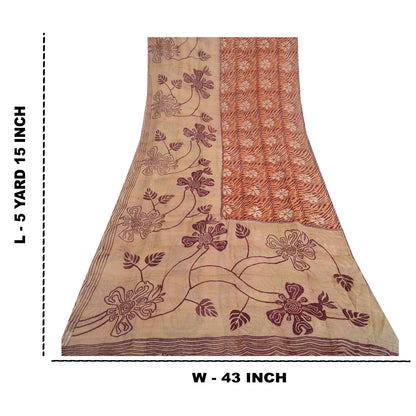 Sanskriti Vintage 100% Pure Georgette Brown/Orange Saree Floral Print Sari 5Yd Craft Fabric Bohemian Fabric For Dressmaking,Craft Supplie