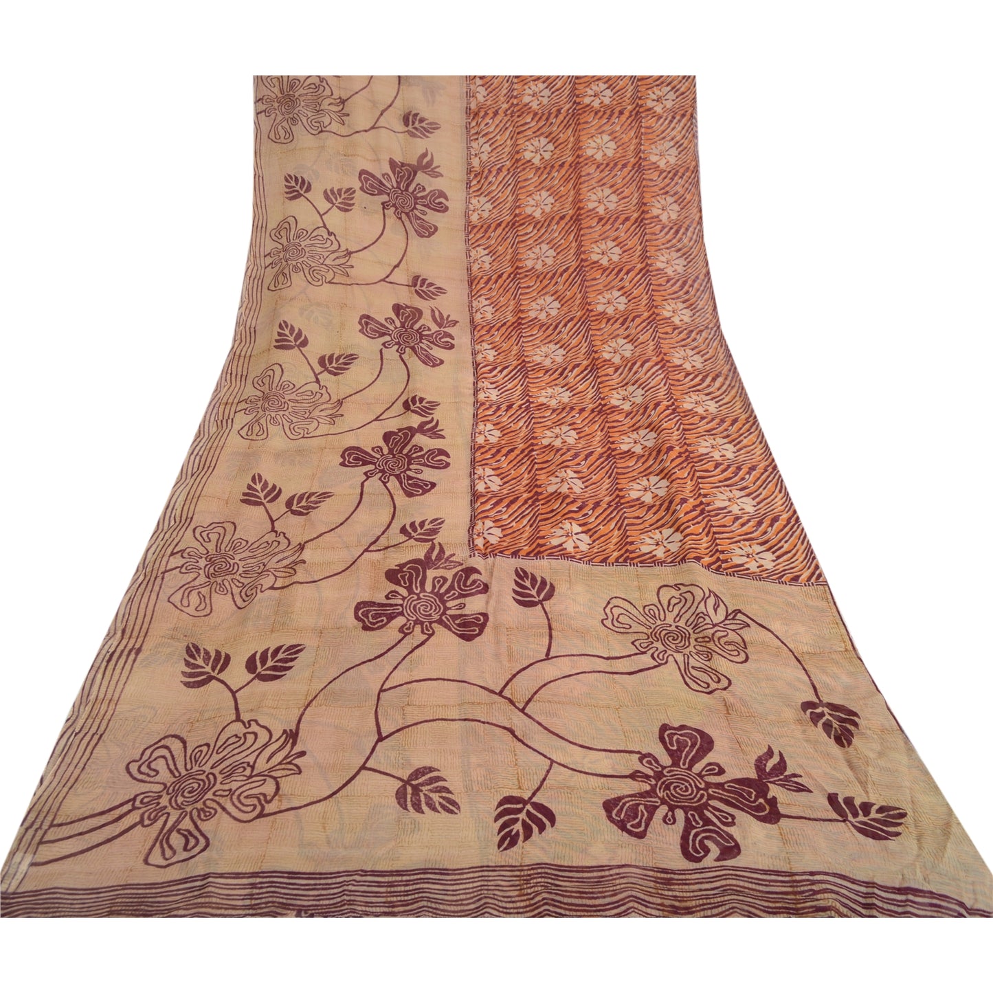 Sanskriti Vintage 100% Pure Georgette Brown/Orange Saree Floral Print Sari 5Yd Craft Fabric Bohemian Fabric For Dressmaking,Craft Supplie