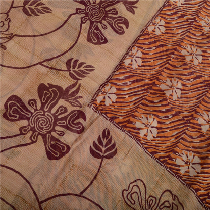 Sanskriti Vintage 100% Pure Georgette Brown/Orange Saree Floral Print Sari 5Yd Craft Fabric Bohemian Fabric For Dressmaking,Craft Supplie