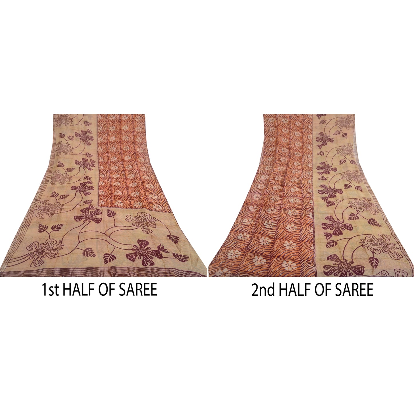 Sanskriti Vintage 100% Pure Georgette Brown/Orange Saree Floral Print Sari 5Yd Craft Fabric Bohemian Fabric For Dressmaking,Craft Supplie