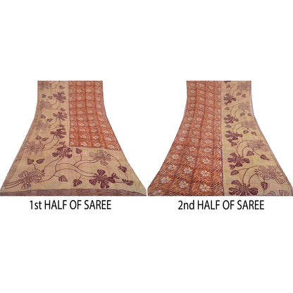 Sanskriti Vintage 100% Pure Georgette Brown/Orange Saree Floral Print Sari 5Yd Craft Fabric Bohemian Fabric For Dressmaking,Craft Supplie