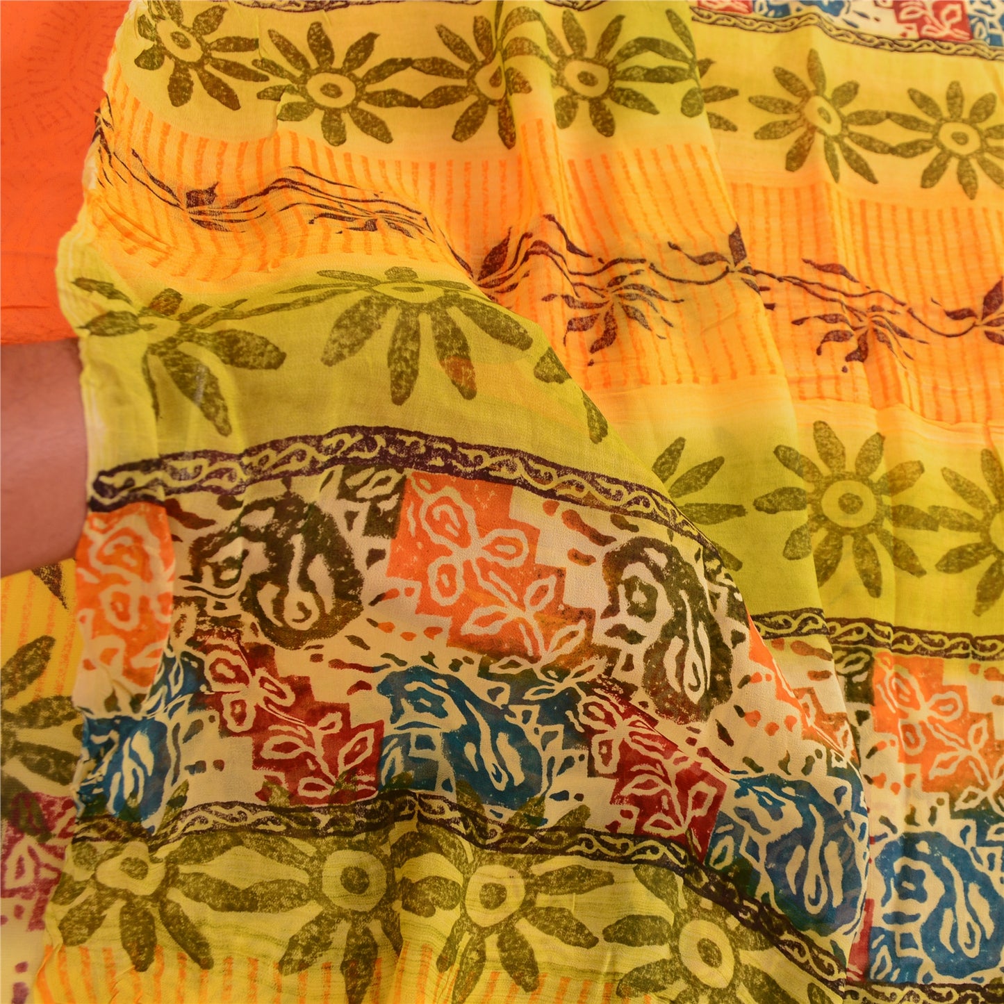 Sanskriti vintage Yellow Sarees Pure Georgette Silk Printed Sari Craft Fabric