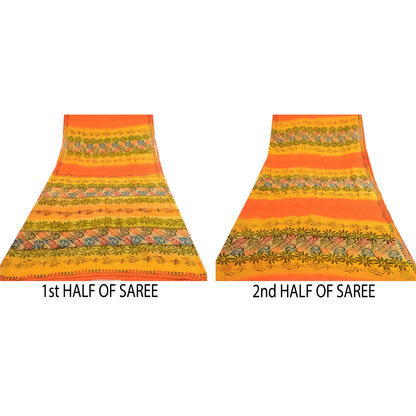 Sanskriti vintage Yellow Sarees Pure Georgette Silk Printed Sari Craft Fabric