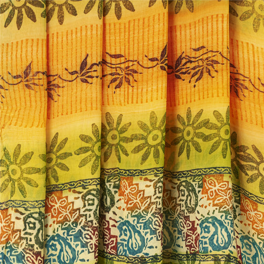 Sanskriti vintage Yellow Sarees Pure Georgette Silk Printed Sari Craft Fabric