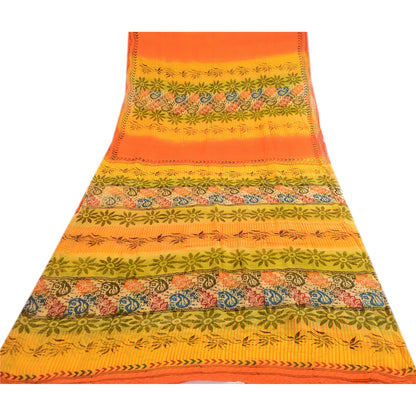 Sanskriti vintage Yellow Sarees Pure Georgette Silk Printed Sari Craft Fabric