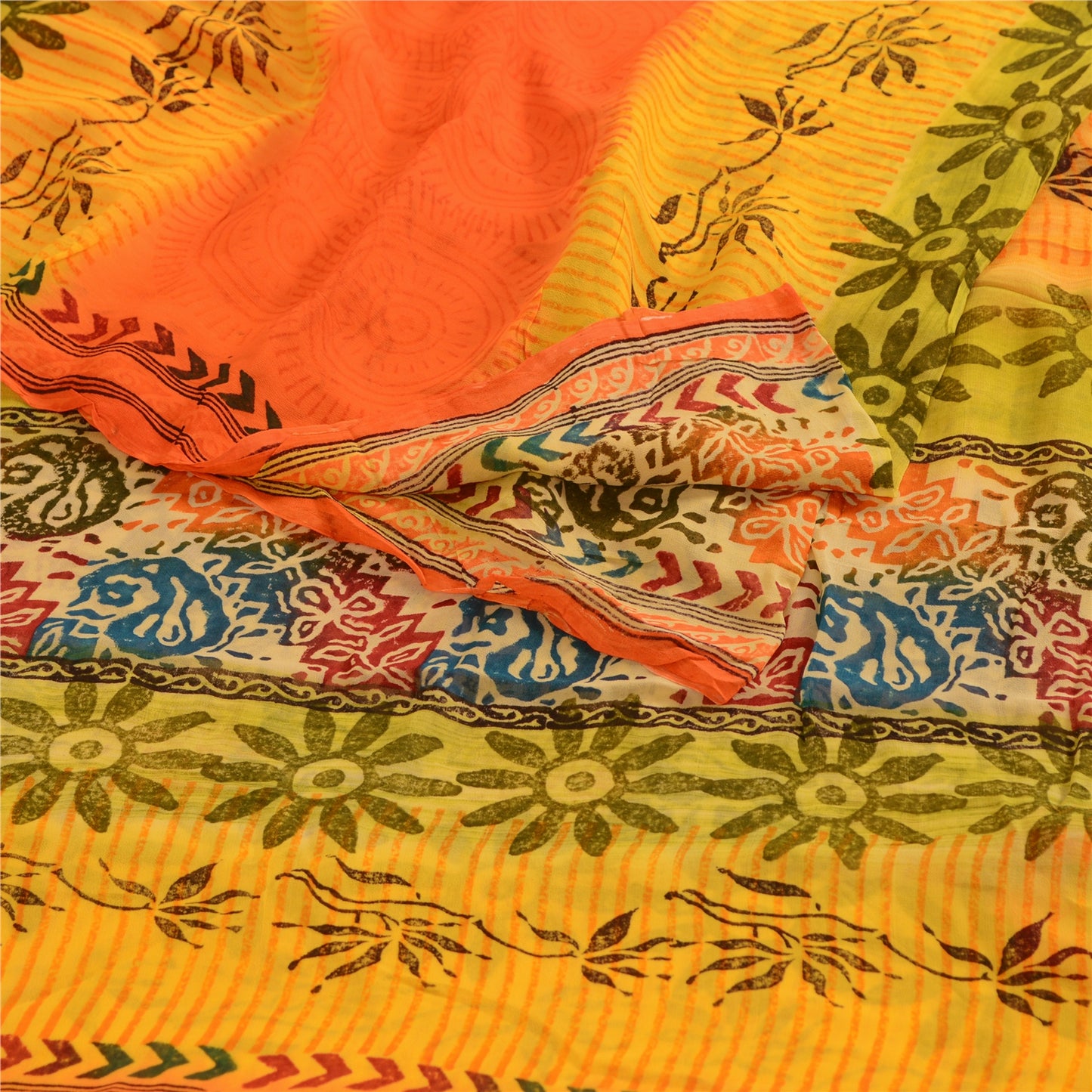 Sanskriti vintage Yellow Sarees Pure Georgette Silk Printed Sari Craft Fabric