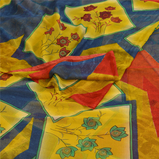 Sanskriti Vintage Sarees Multicolor Chiffon Floral Geometric Print Sari Soft Decor 5.5+YD Fabric Crafting, Recycling, Dress Making, Decor