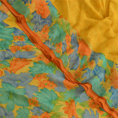Sanskriti Vintage Saree Yellow 100% Pure Georgette Silk Floral Printed Sari 6YD Fabric Crafting, Upcycling, Recycling, Dress Making