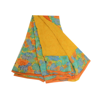 Sanskriti Vintage Saree Yellow 100% Pure Georgette Silk Floral Printed Sari 6YD Fabric Crafting, Upcycling, Recycling, Dress Making