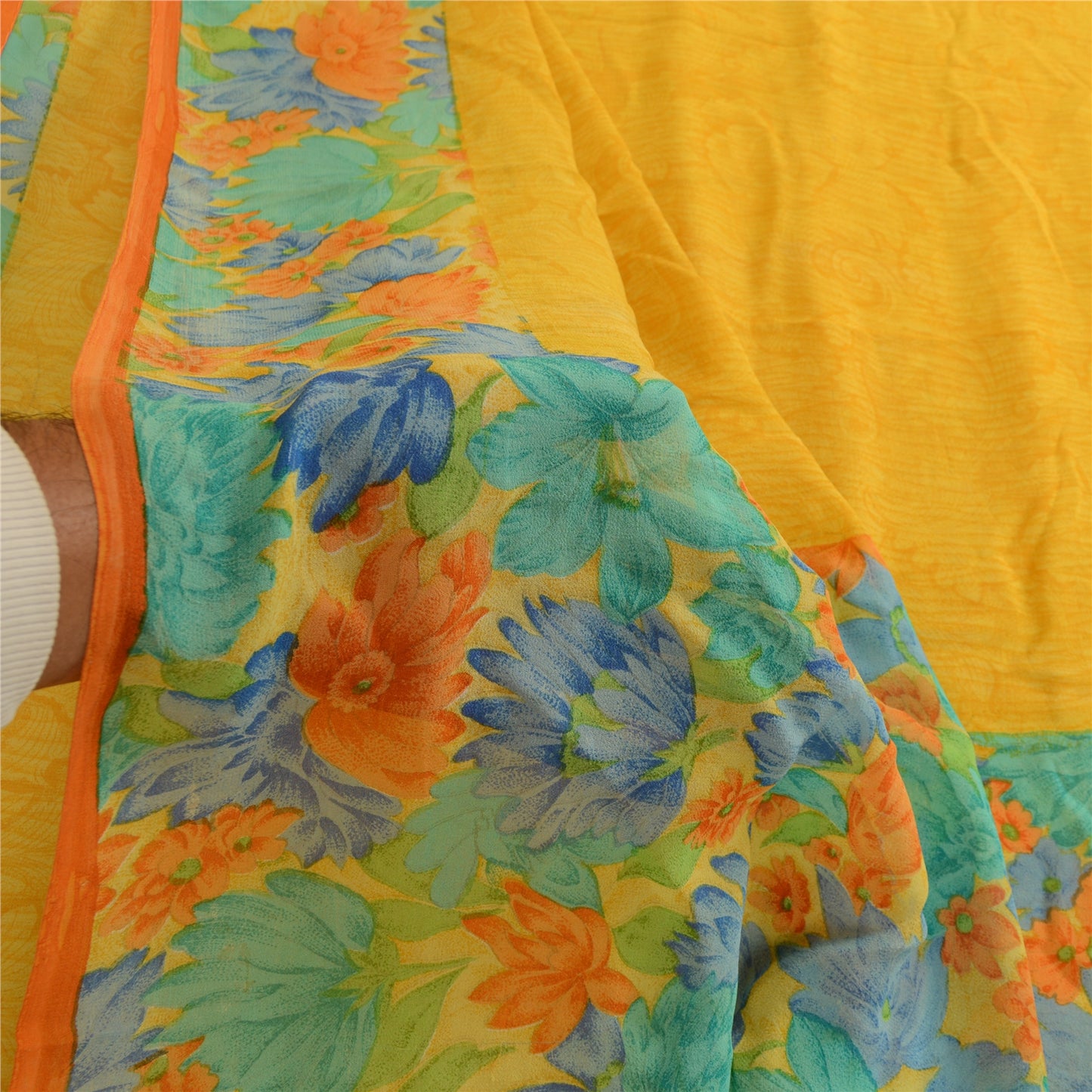 Sanskriti Vintage Saree Yellow 100% Pure Georgette Silk Floral Printed Sari 6YD Fabric Crafting, Upcycling, Recycling, Dress Making