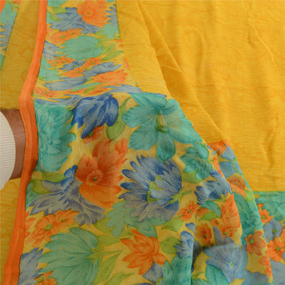 Sanskriti Vintage Saree Yellow 100% Pure Georgette Silk Floral Printed Sari 6YD Fabric Crafting, Upcycling, Recycling, Dress Making