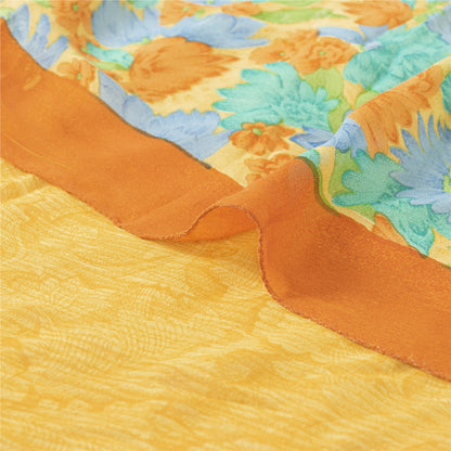 Sanskriti Vintage Saree Yellow 100% Pure Georgette Silk Floral Printed Sari 6YD Fabric Crafting, Upcycling, Recycling, Dress Making