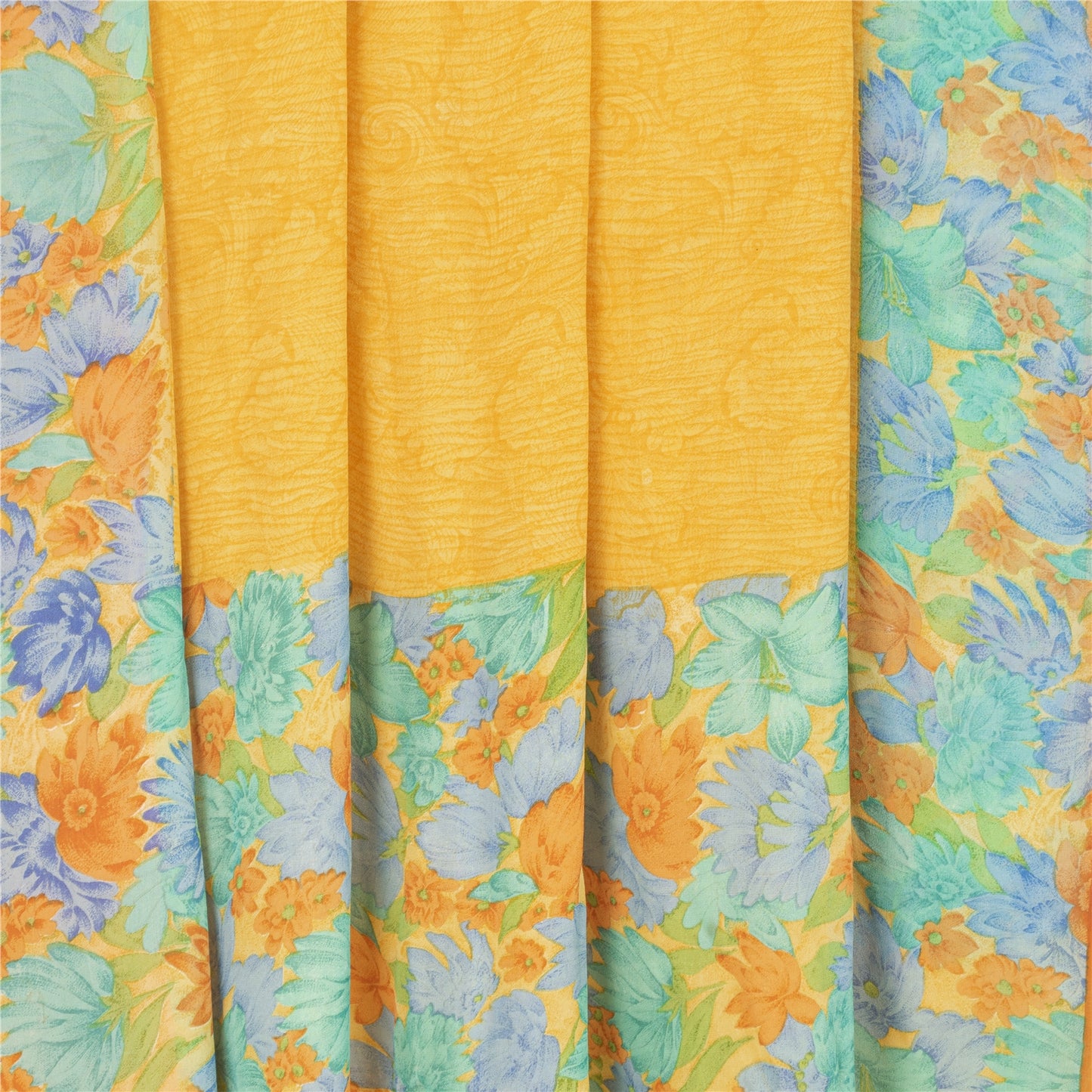 Sanskriti Vintage Saree Yellow 100% Pure Georgette Silk Floral Printed Sari 6YD Fabric Crafting, Upcycling, Recycling, Dress Making