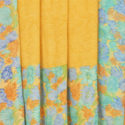 Sanskriti Vintage Saree Yellow 100% Pure Georgette Silk Floral Printed Sari 6YD Fabric Crafting, Upcycling, Recycling, Dress Making