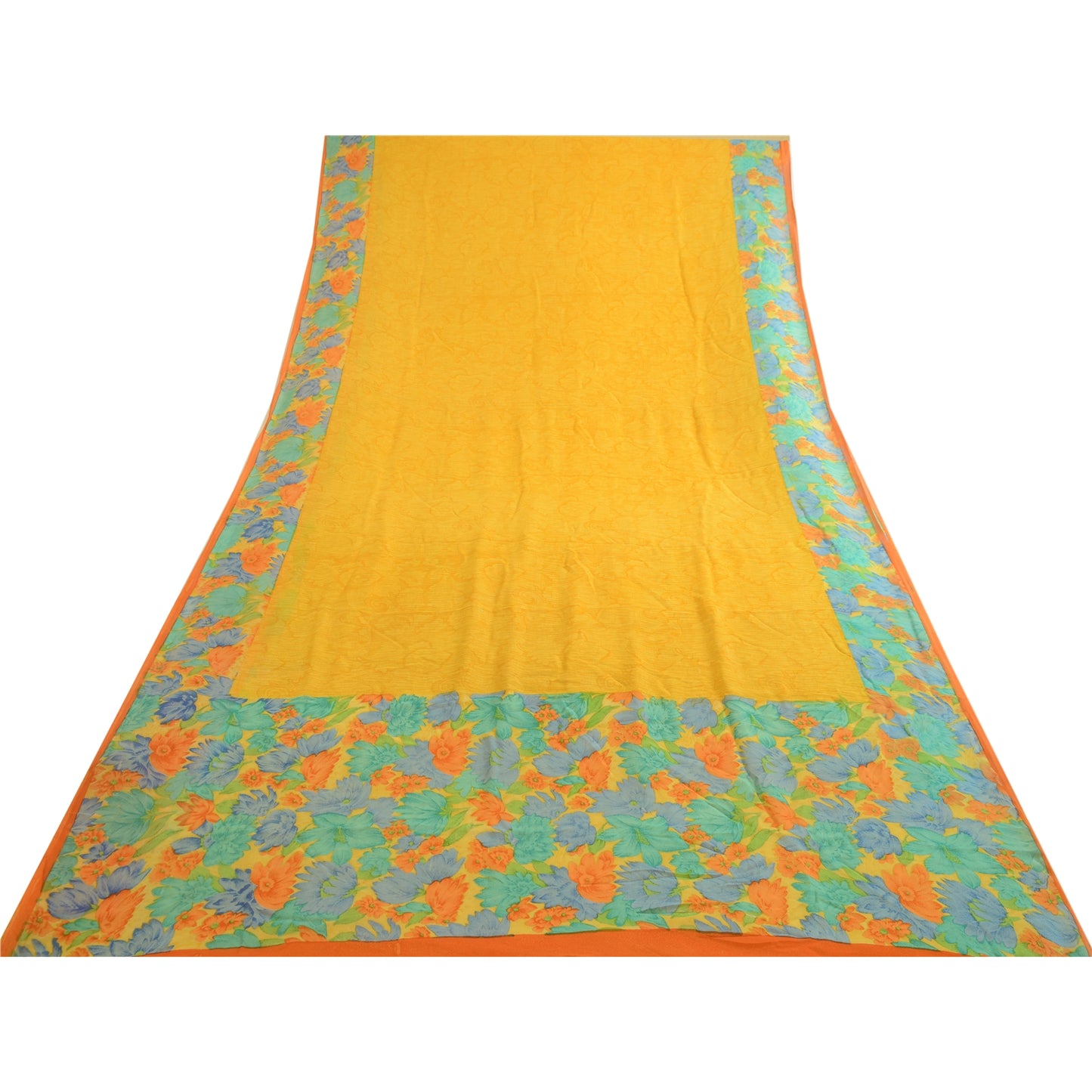 Sanskriti Vintage Saree Yellow 100% Pure Georgette Silk Floral Printed Sari 6YD Fabric Crafting, Upcycling, Recycling, Dress Making