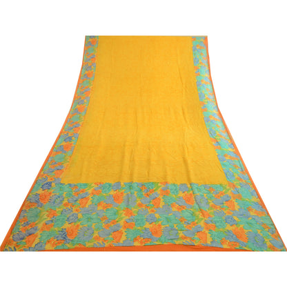 Sanskriti Vintage Saree Yellow 100% Pure Georgette Silk Floral Printed Sari 6YD Fabric Crafting, Upcycling, Recycling, Dress Making