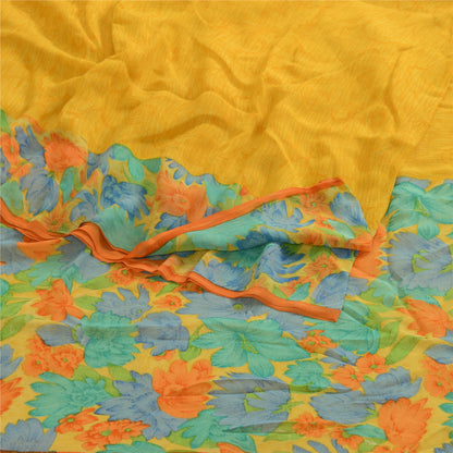 Sanskriti Vintage Saree Yellow 100% Pure Georgette Silk Floral Printed Sari 6YD Fabric Crafting, Upcycling, Recycling, Dress Making