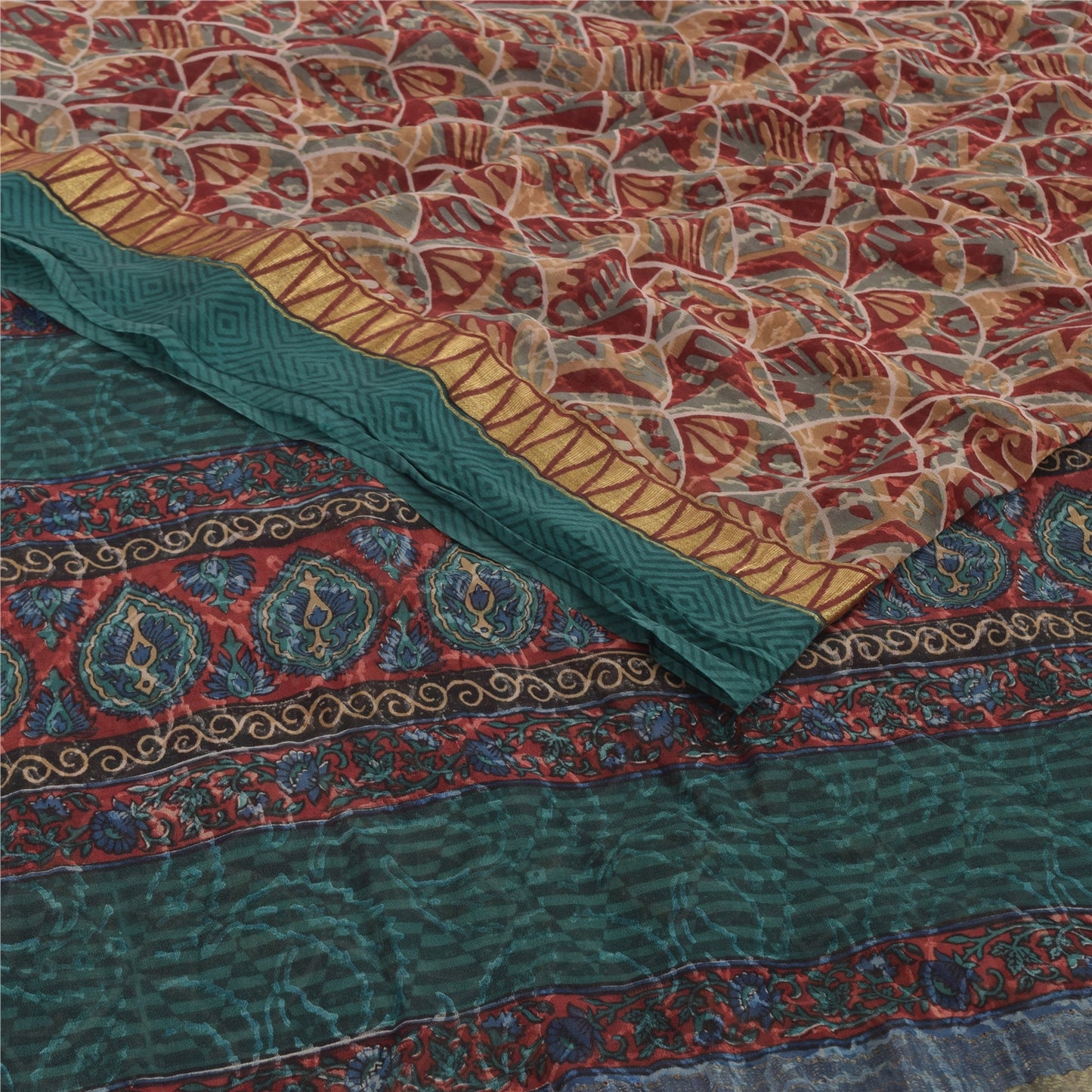 Sanskriti Vintage Sarees Red Pure Georgette Silk Printed Sari 5Yd Craft Fabric