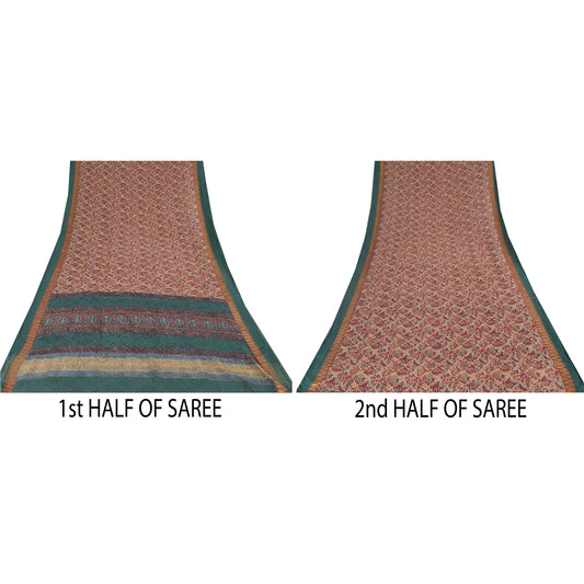 Sanskriti Vintage Sarees Red Pure Georgette Silk Printed Sari 5Yd Craft Fabric