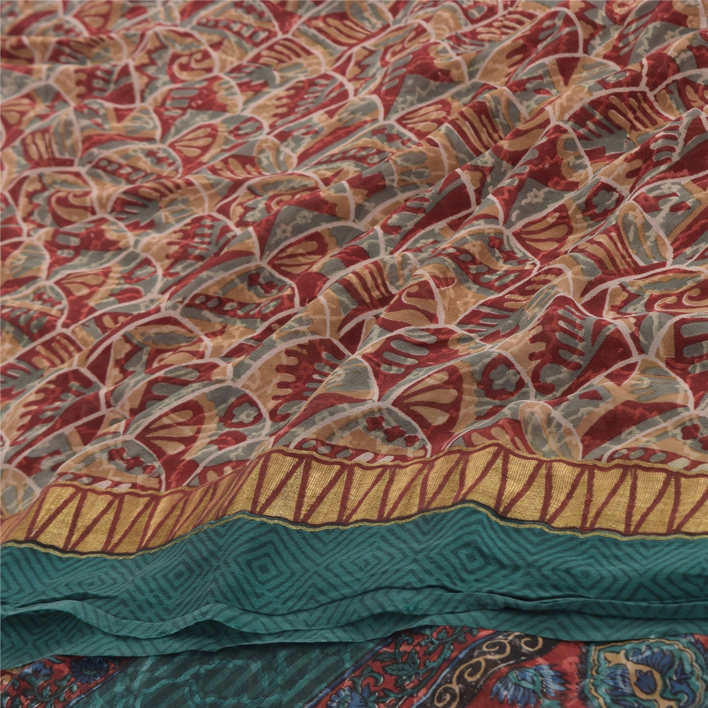 Sanskriti Vintage Sarees Red Pure Georgette Silk Printed Sari 5Yd Craft Fabric