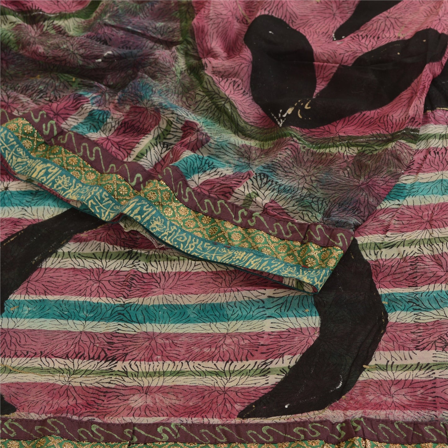 Sanskriti Vintage Sarees Multi Pure Georgette Silk Printed Sari 5yd Craft Sustainable Fabric