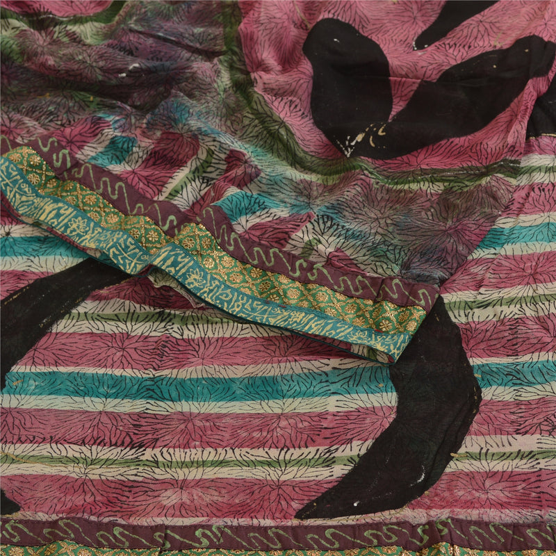 Sanskriti Vintage Sarees Multi Pure Georgette Silk Printed Sari 5yd Craft Sustainable Fabric