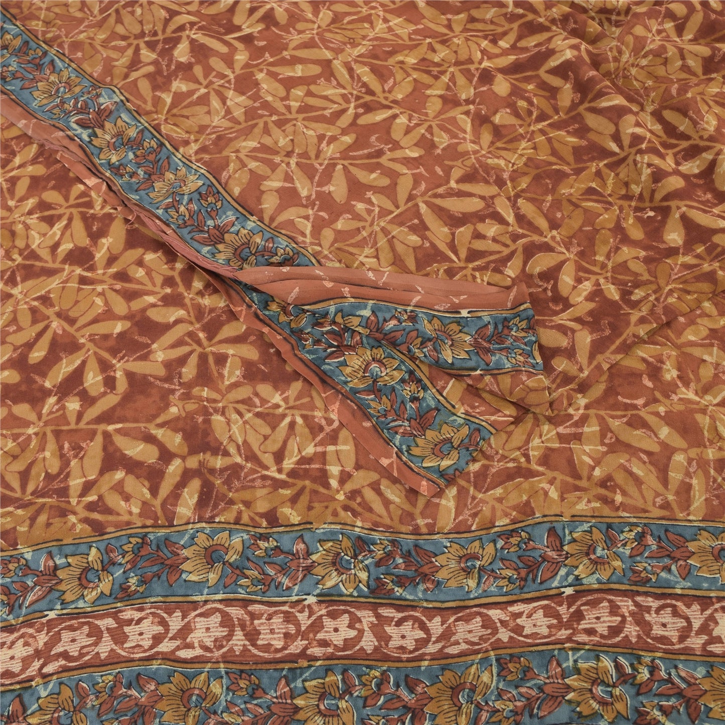 Sanskriti vintage Sarees Brown Pure Georgette Silk Printed Sari 5yd Craft Fabric