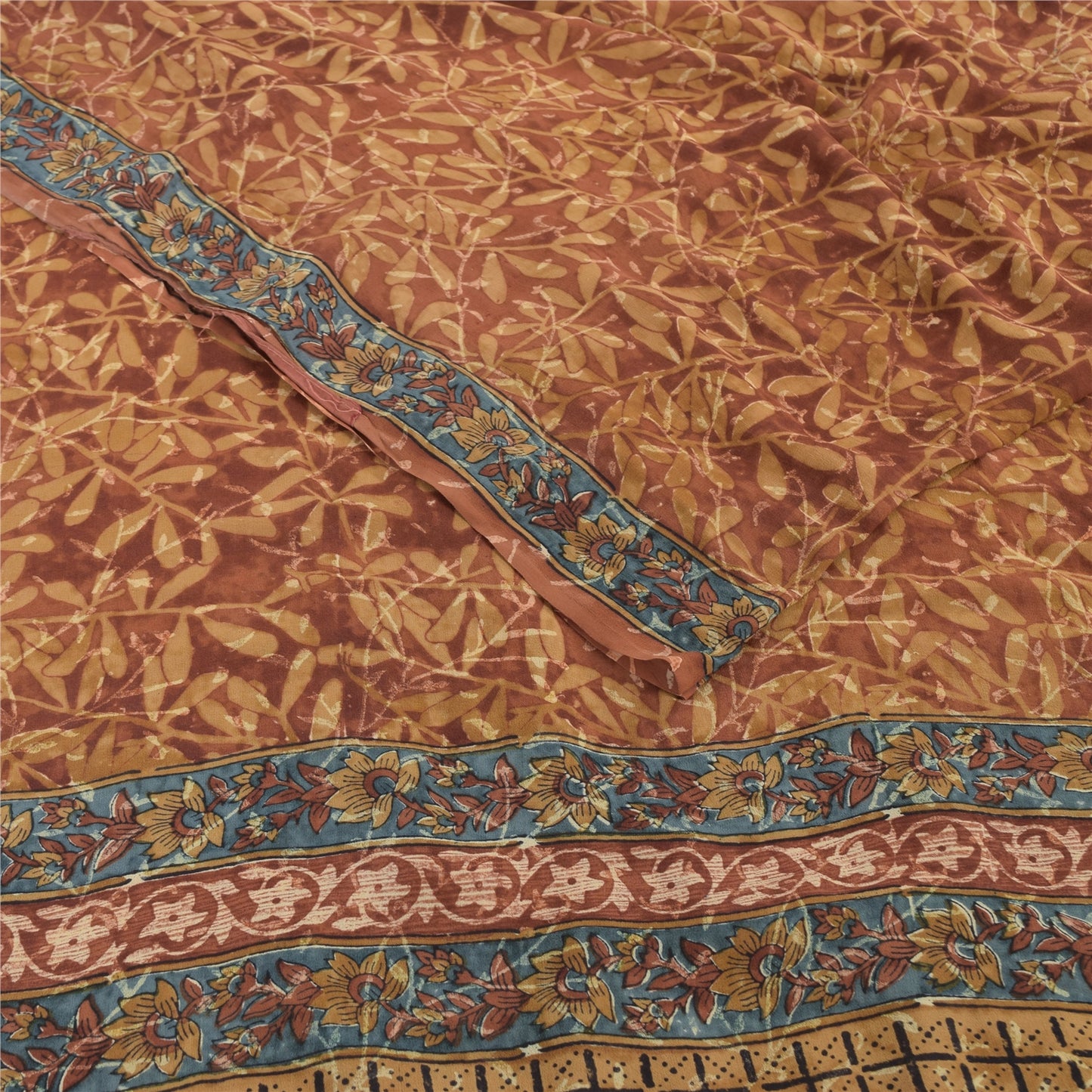Sanskriti vintage Sarees Brown Pure Georgette Silk Printed Sari 5yd Craft Fabric