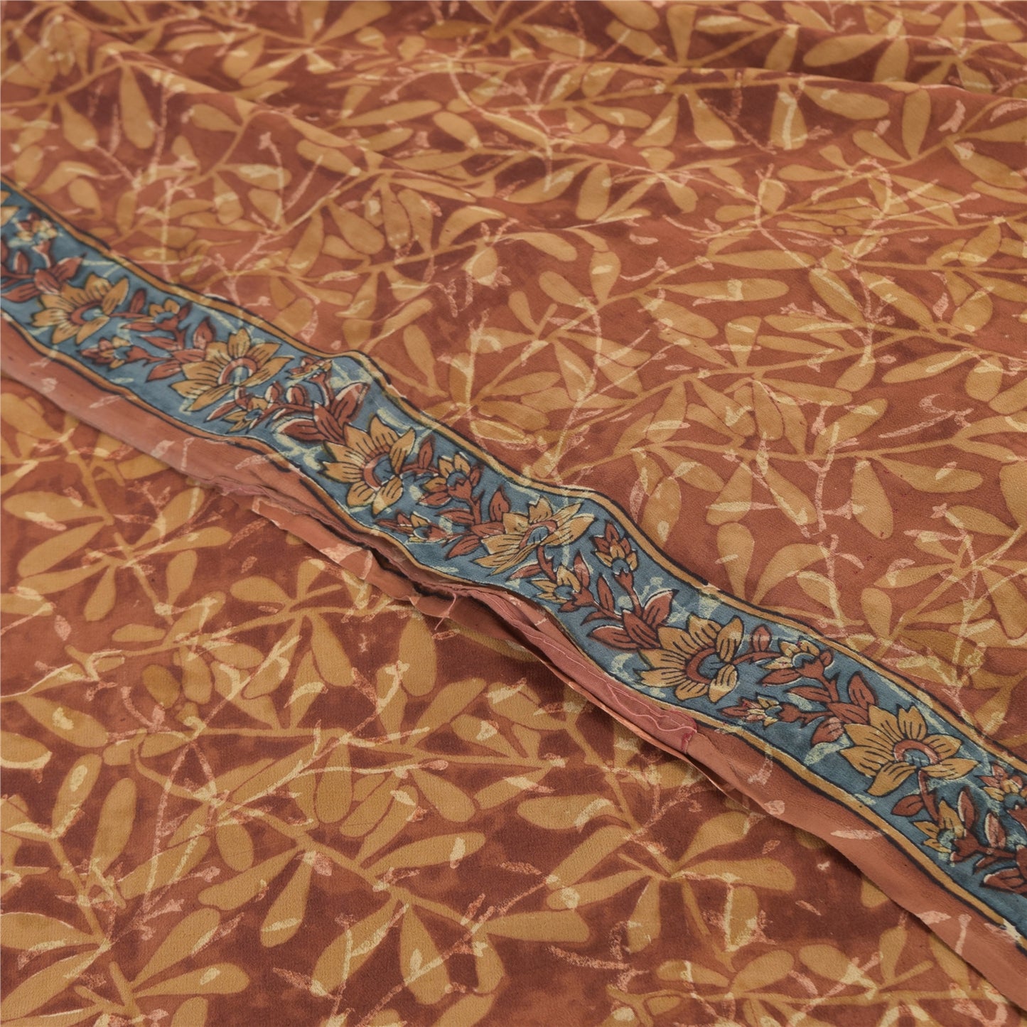 Sanskriti vintage Sarees Brown Pure Georgette Silk Printed Sari 5yd Craft Fabric