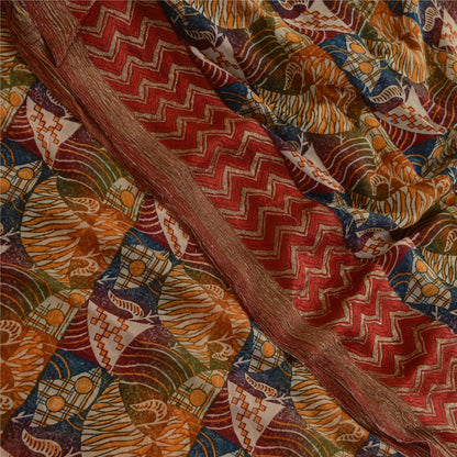 Sanskriti Vintage Saree Multicolor 100% Pure Georgette Silk Sari Abstract Geometric Print Zari Border 5Yd Craft Fabric Home Decor, Sewing