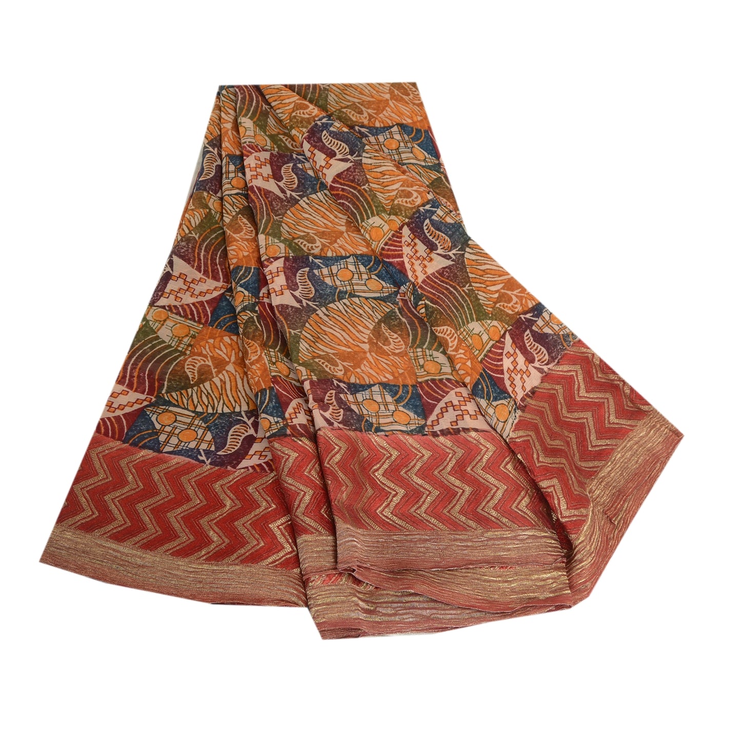 Sanskriti Vintage Saree Multicolor 100% Pure Georgette Silk Sari Abstract Geometric Print Zari Border 5Yd Craft Fabric Home Decor, Sewing