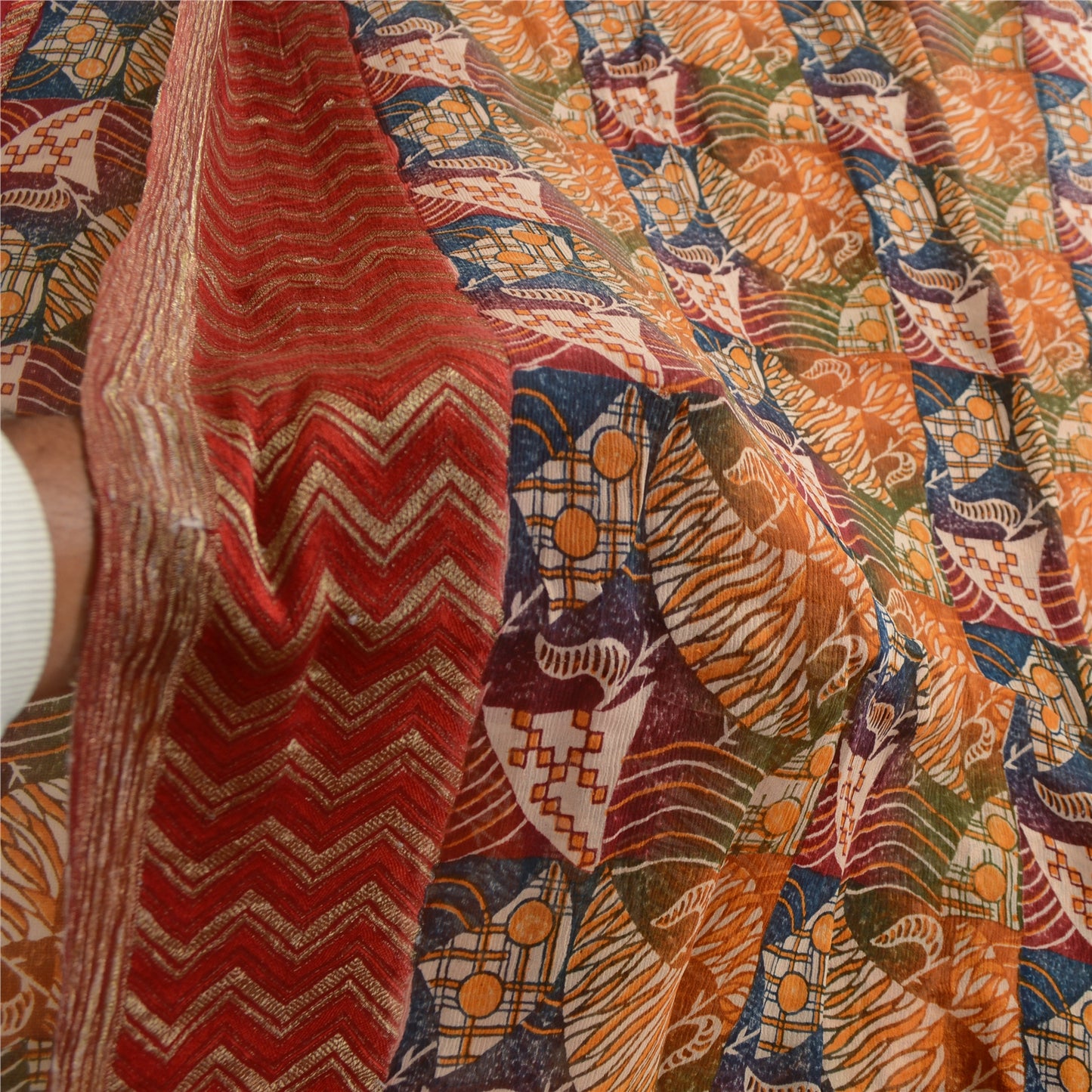 Sanskriti Vintage Saree Multicolor 100% Pure Georgette Silk Sari Abstract Geometric Print Zari Border 5Yd Craft Fabric Home Decor, Sewing