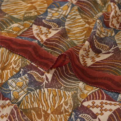 Sanskriti Vintage Saree Multicolor 100% Pure Georgette Silk Sari Abstract Geometric Print Zari Border 5Yd Craft Fabric Home Decor, Sewing
