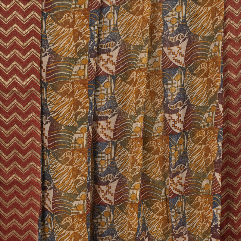 Sanskriti Vintage Saree Multicolor 100% Pure Georgette Silk Sari Abstract Geometric Print Zari Border 5Yd Craft Fabric Home Decor, Sewing