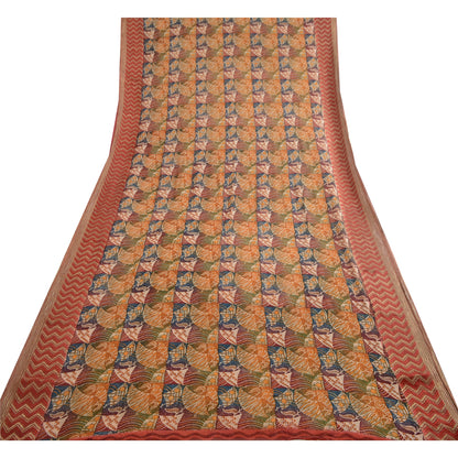 Sanskriti Vintage Saree Multicolor 100% Pure Georgette Silk Sari Abstract Geometric Print Zari Border 5Yd Craft Fabric Home Decor, Sewing