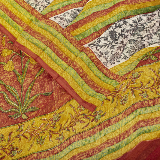 Sanskriti Vintage Multicolor Saree Pure Georgette Block Print Sari 5.5Yd Fabric