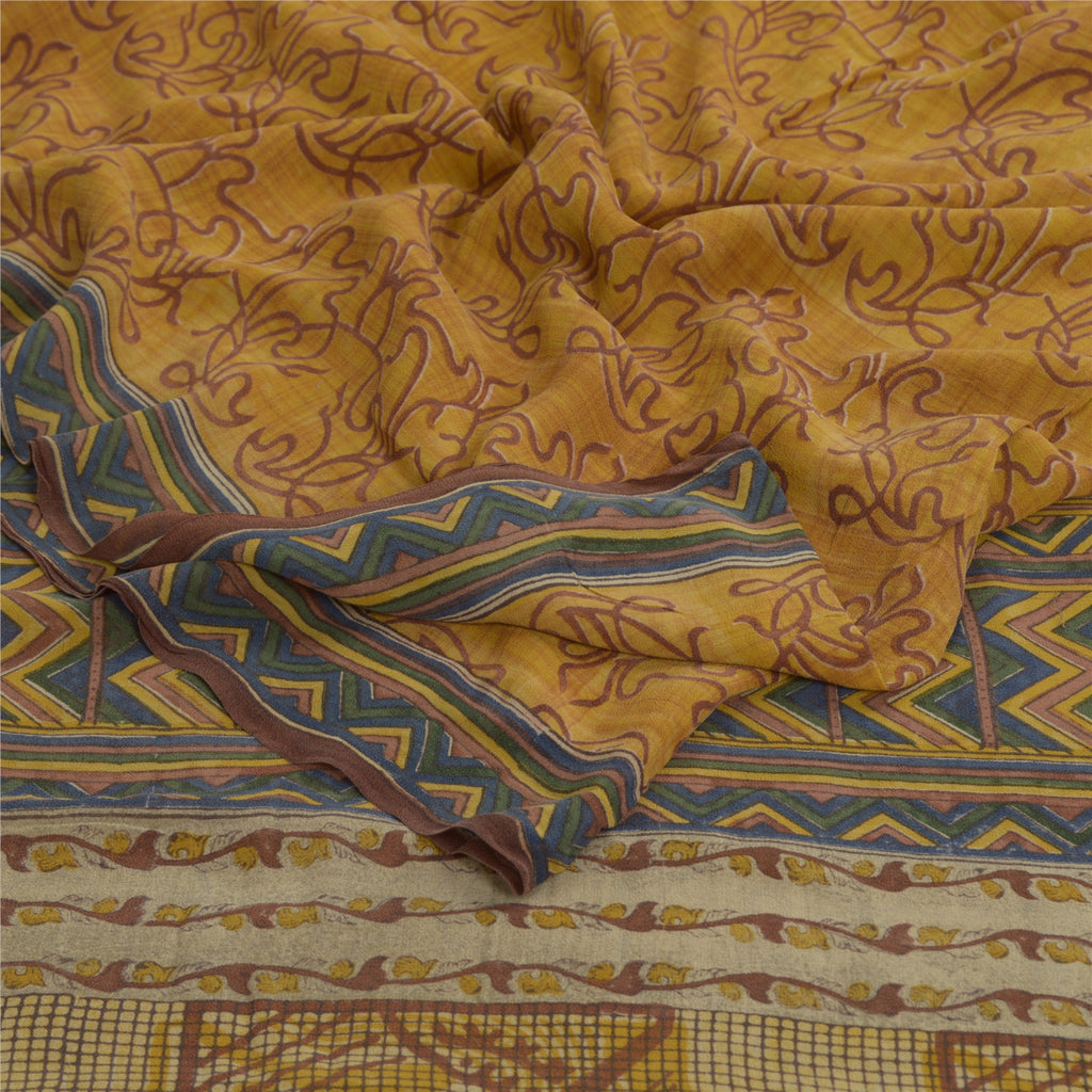 Sanskriti Vintage Sarees Yellow Sewing Fabric Pure Georgette Silk Printed Sari
