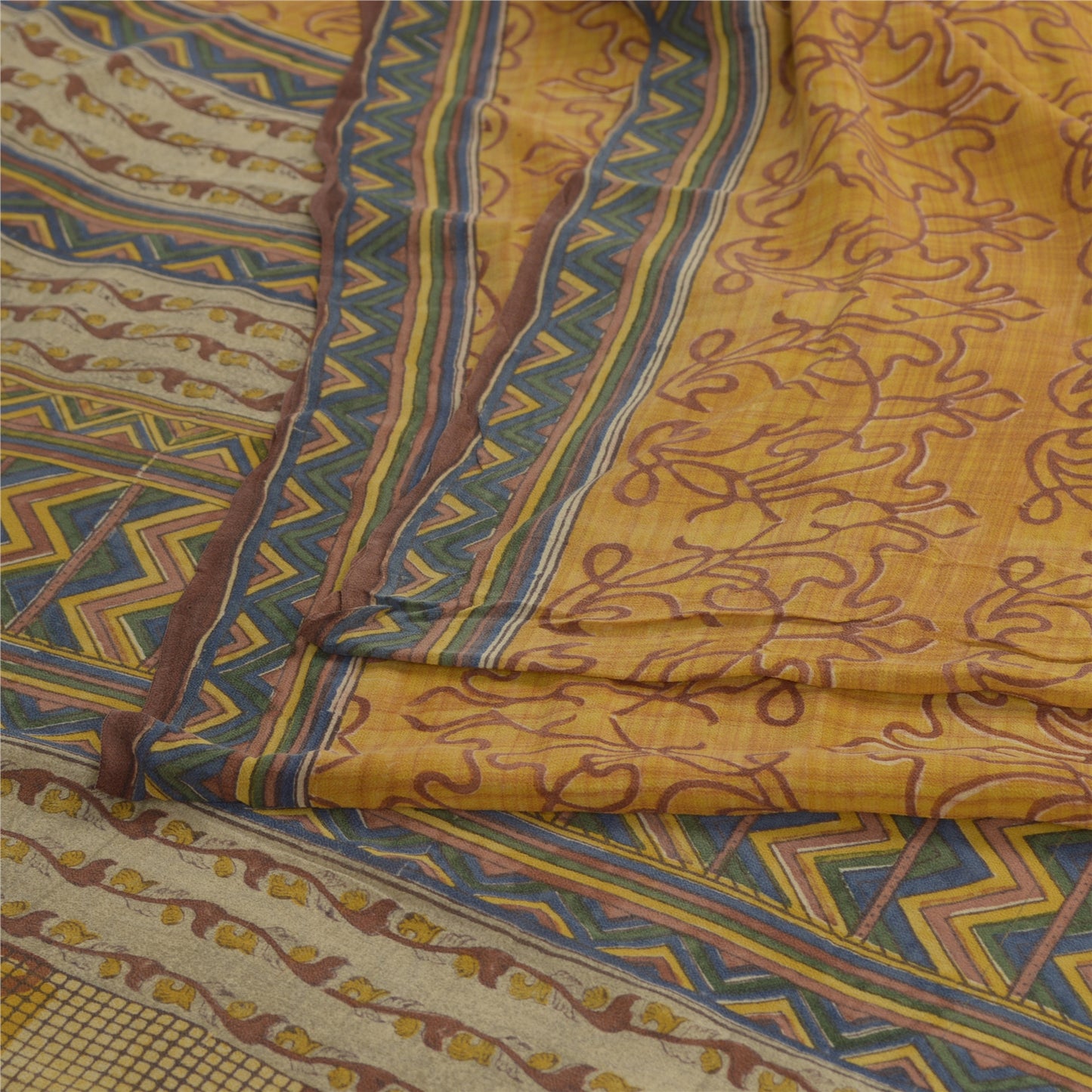 Sanskriti Vintage Sarees Yellow Sewing Fabric Pure Georgette Silk Printed Sari