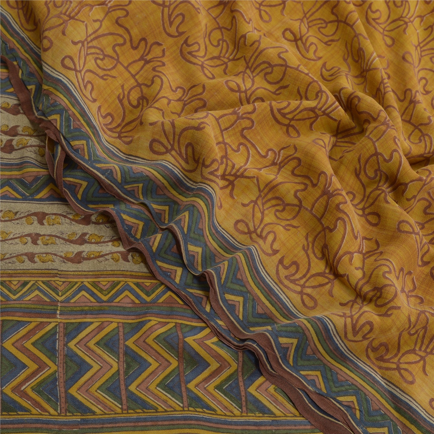 Sanskriti Vintage Sarees Yellow Sewing Fabric Pure Georgette Silk Printed Sari