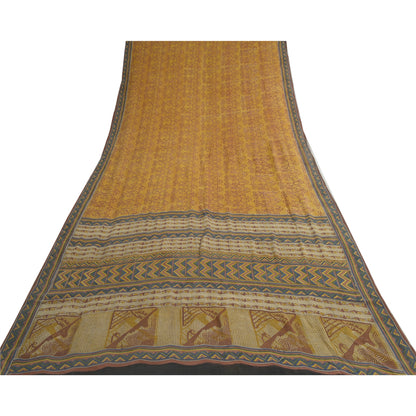 Sanskriti Vintage Sarees Yellow Sewing Fabric Pure Georgette Silk Printed Sari