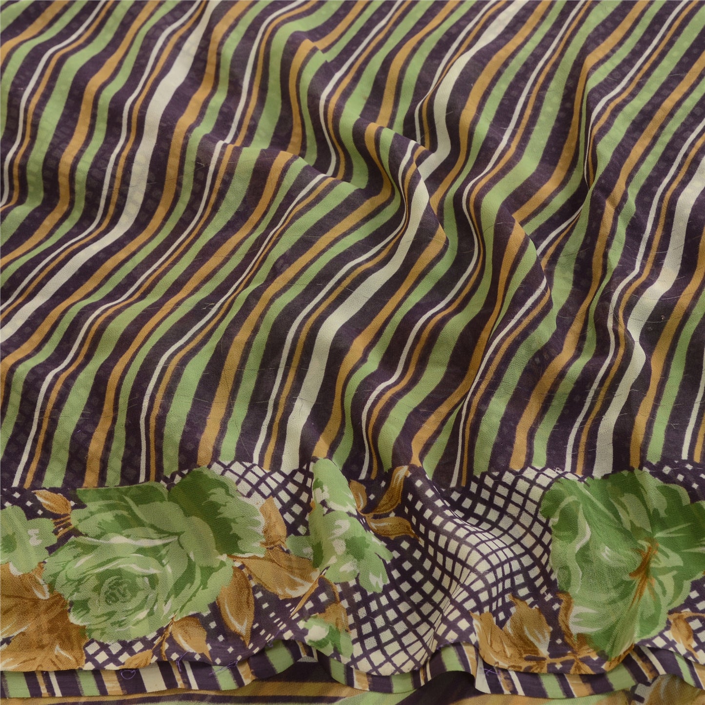 Sanskriti Vintage Purple Indian Sari Printed Georgette Sarees Soft Craft Fabric