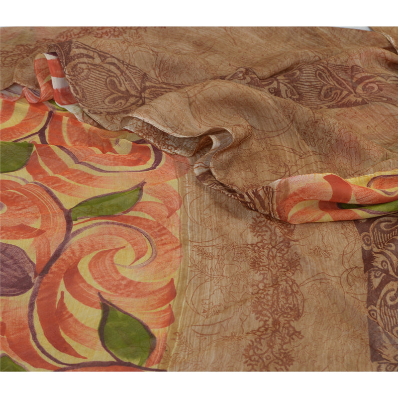 Sanskriti Vintage Brown Sari Pure Georgette Silk Printed Sarees Craft Fabric