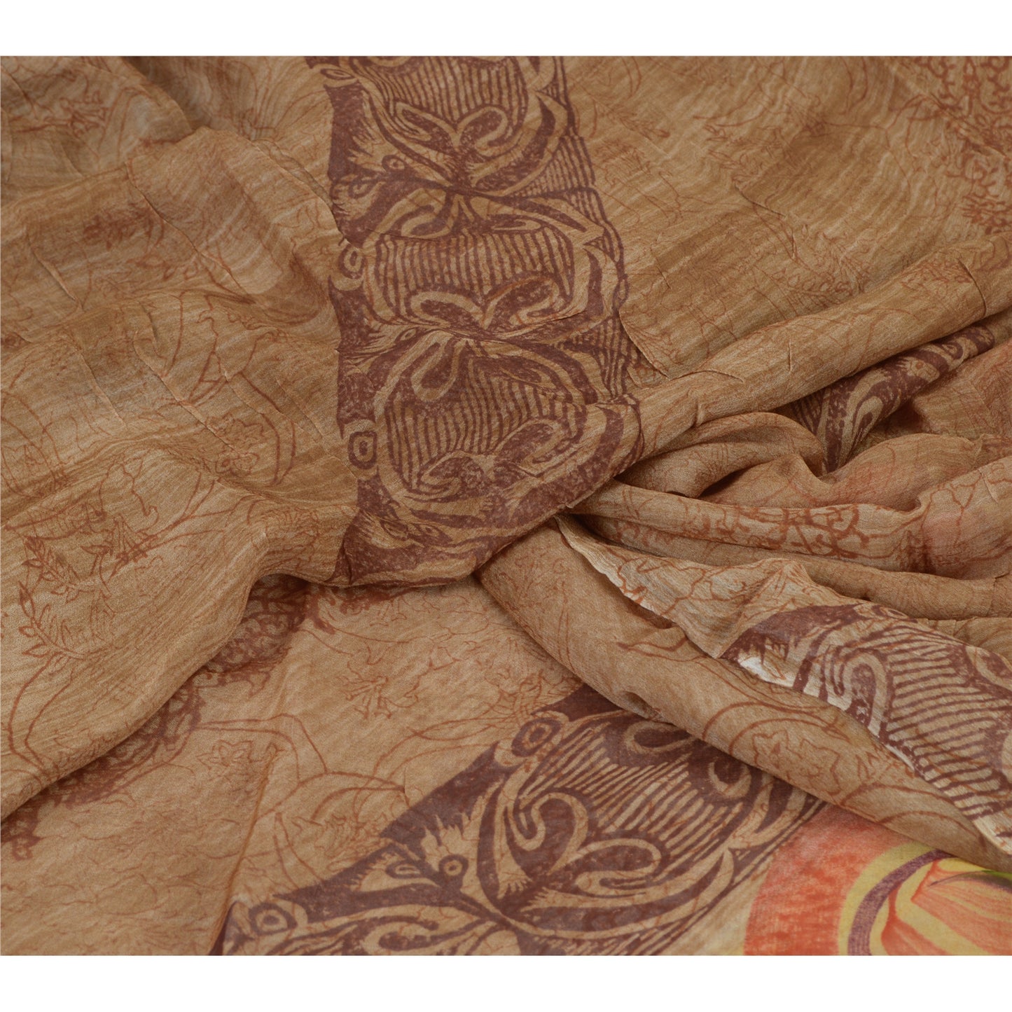 Sanskriti Vintage Brown Sari Pure Georgette Silk Printed Sarees Craft Fabric