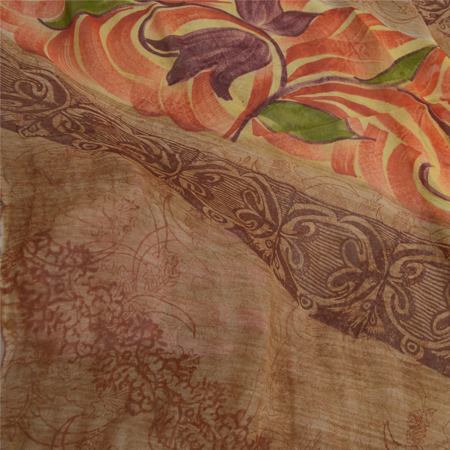 Sanskriti Vintage Brown Sari Pure Georgette Silk Printed Sarees Craft Fabric
